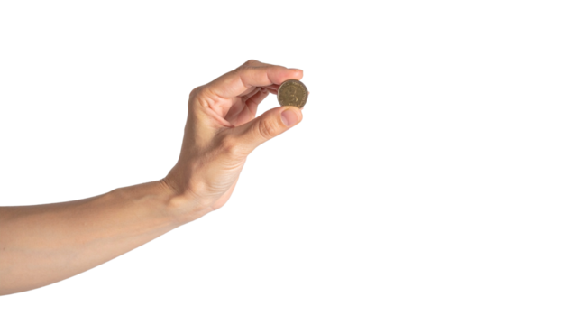 A hand holding a single coin, with an interesting view