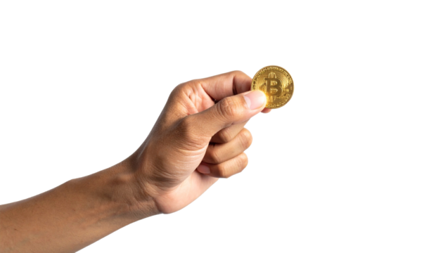 A hand holding a golden bitcoin