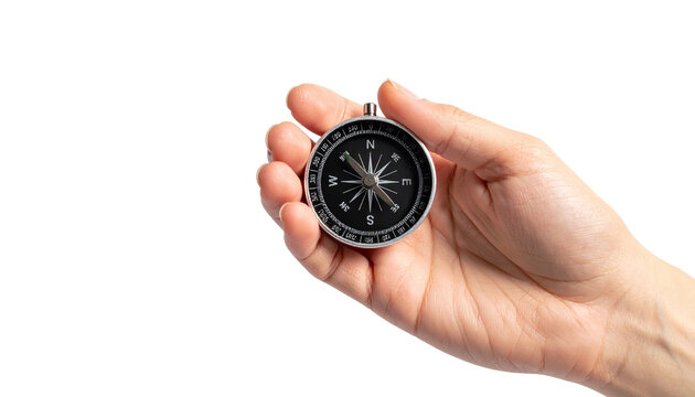A hand holding a silver compass, guiding the way, with a sense of adventure and direction. The compass shows the cardinal points.