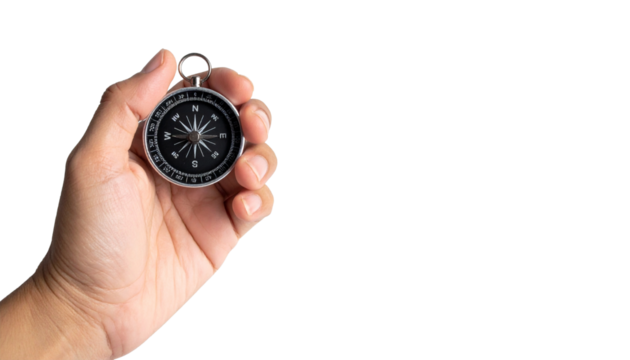 A hand holding a compass, representing direction, guidance, and navigation
