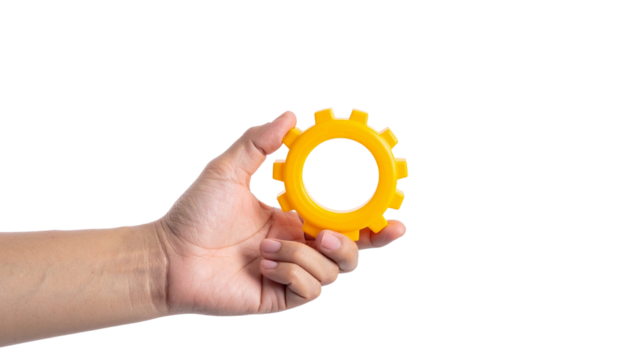 A hand holding a yellow gear, symbolizing processes or mechanisms
