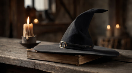 Black witch hat old spell book candlelight wooden table rustic interior witchcraft
