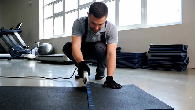 Man Installing Rubber Flooring in Gym Environment