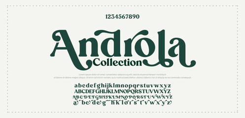Androla premium luxury elegant alphabet letters and numbers. Elegant wedding typography classic serif font decorative vintage retro. Creative vector illustration 