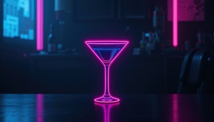 Abstract Martini Glass Glowing Pink on a Dark Neon Cyberpunk Bar