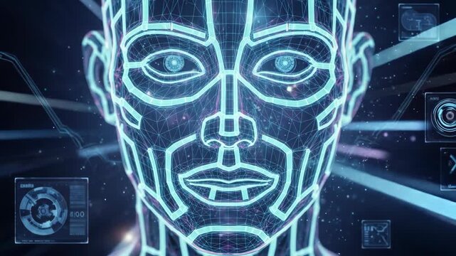 Digital face illustration with wireframe and data on dark background