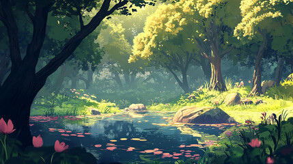 Forest pond with lush greenery and blooming flowers in sunlit woodland.
