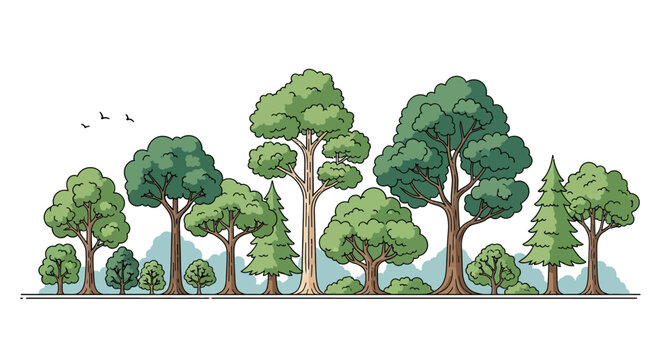 Whimsical woodland illustration featuring a variety of trees and bird silhouettes for backgrounds