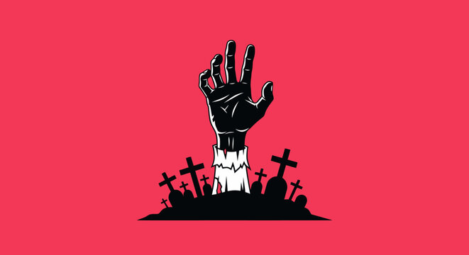 Stylized zombie hand rising from graveyard illustration with halloween themed in vector