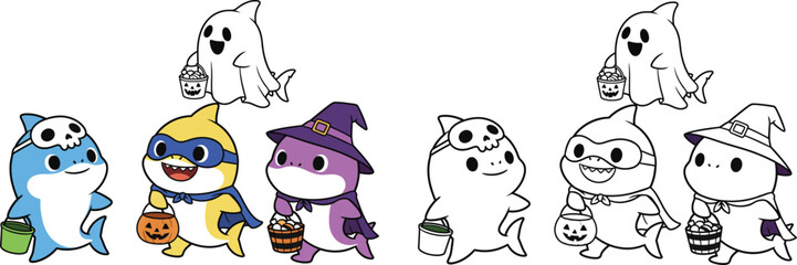 Cute Baby Sharks Trick-or-Treating in Halloween Costumes with Floating Ghost – Adorable Cartoon and Coloring Page