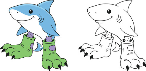Cute Shark Wearing Monster Feet Boots, Funny Halloween Cartoon and Coloring Page for Kids