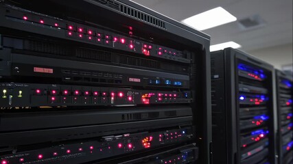 Rows of data servers with blinking blue and red lights in a server room for global network and information technology security footage - Powered by Adobe