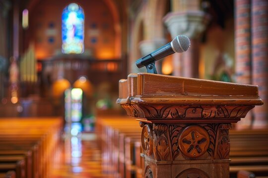 Wooden lectern with microphone standing in empty church, ready for a sermon or announcement