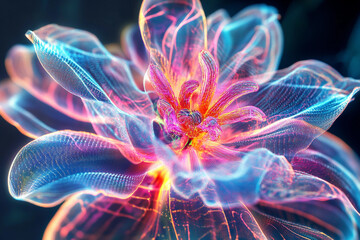 Interacting with digital holographic interface in futuristic virtual space innovation scene, generative ai