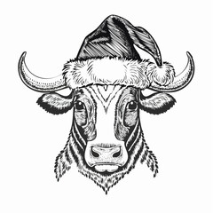 Christmas Bull Sketch Santa Hat Animal Illustration