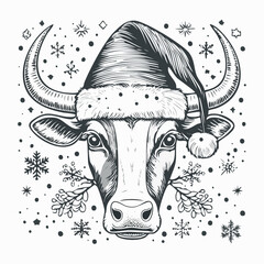 New Year Bull with Santa Hat Hand-Drawn Christmas Illustration