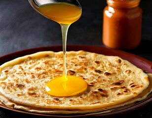 Applying clarified butter or Indian Desi cow ghee with a spoon on roti