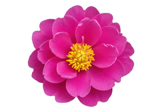 Isolated peony flower head in hot pink, showing the layers of petals and yellow center