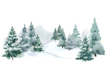 Serene winter landscape with snow-covered pine trees in soft watercolor technique, featuring misty mountains and gentle slopes in cool green tones.