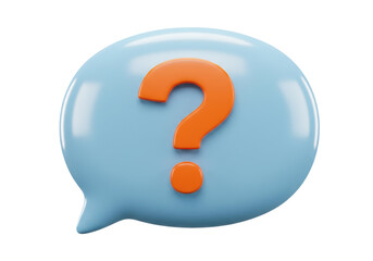 Isolated orange question mark in a blue speech bubble. Uncertainty and inquiry concept