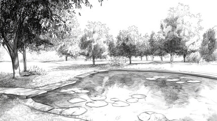 Pond landscape with trees and stone path in black and white sketch.