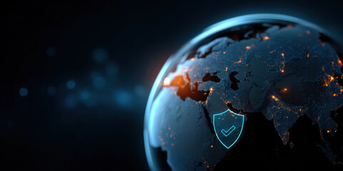 Digital globe highlighting Middle East network with glowing city lights and security shield icon conveying cybersecurity protection and connectivity