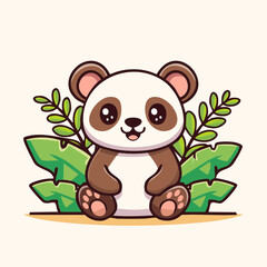 Obraz premium Adorable cartoon flat vector illustration of a cute baby panda character sitting peacefully amidst lush green tropical leaves, perfect for children's designs and nature themes