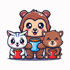 Adorable animal friends, a monkey, bear, and cat, holding mugs of coffee in a charming kawaii vector illustration