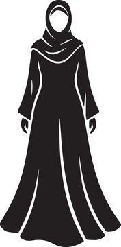 Elegant black silhouette of a woman wearing a traditional islamic hijab and abaya dress silhouette