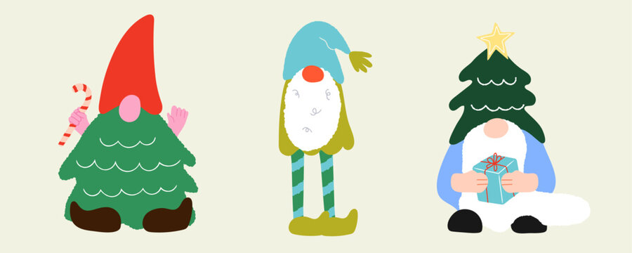 Three Christmas Gnomes for the holidays Vector Illustration  Set
