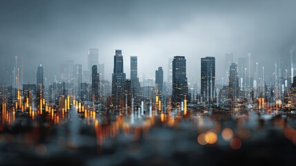 Digital data visualization overlays a dense metropolitan skyline shrouded in mist