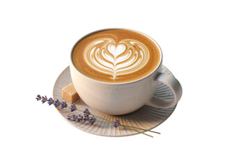 Latte art in ceramic cup with lavender on saucer — cafe menu hero image mockup for baristas