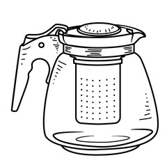 Minimalist line art vector of a transparent glass teapot, clean black and white drawing great for tea shop branding, home decor, or culinary concept.