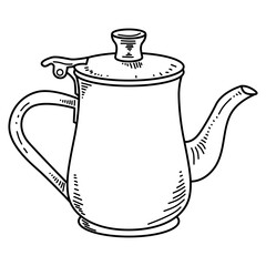 Stylish vector line art of a stainless steel kettle in monochrome, showing glossy metal body and elegant spout, perfect for cooking or tea time concept.