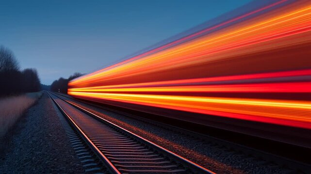 Modern high speed train, vibrant light streaks on railway tracks.