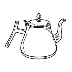 Vector line art illustration of stainless steel tea kettle in black and white, featuring smooth metal surface and elegant handle, perfect for kitchen, cafe, or tea time design.
