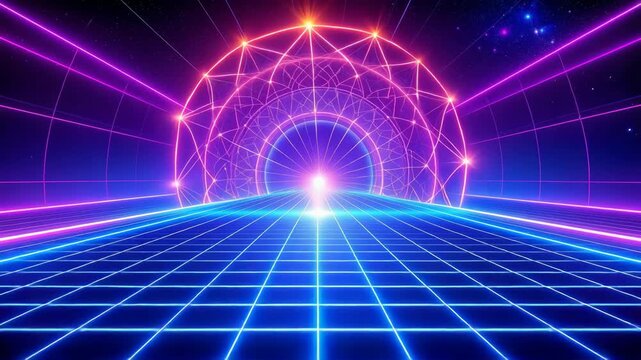 Abstract futuristic glowing neon grid tunnel leading to bright light and portal loop.