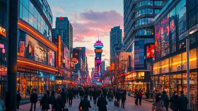 Evening in downtown Calgary showcases crowds of people walking along the bustling Stephen Avenue at sunset