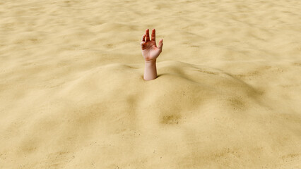 Hand reaching out from desert sand, struggle, survival, desperation, challenge, endurance, help, danger, crisis, human persistence, 3d render
