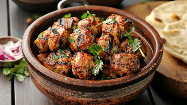 Indian kofta meatballs with naan bread and red onions in wooden bowls on a black wooden table at dinner