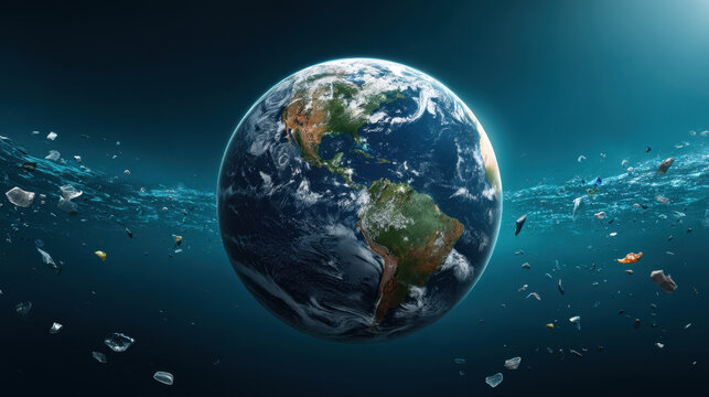 Earth orb showing ocean garbage patch and floating plastic pollution, dramatic lighting, environmental awareness, concerned mood