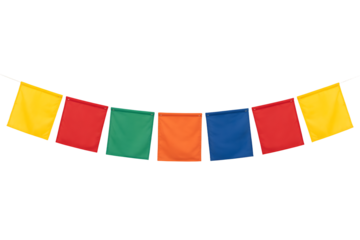Colorful prayer flags strung together on a line creating a festive decorative banner isolated on transparent background