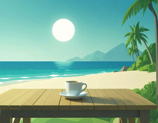 Serene beach scene featuring coffee cup wooden table, with palm trees and mountains background