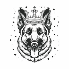 German Shepherd King Dog with Crown, Vector Illustration