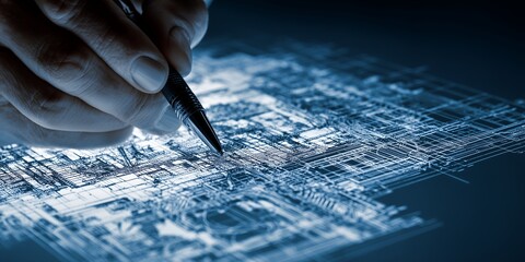 Close-up of hand using pen on complex technical blueprint with blue tones, concept for architectural engineering, industrial design and technical development