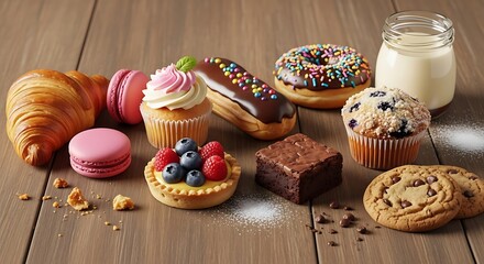 A delightful and colorful assortment of various freshly baked pastries, cakes, and desserts on a rustic wooden table background
