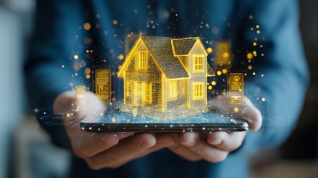 Man holding smartphone displaying glowing house hologram with interface icons, concept for smart home technology, architectural visualization and real estate marketing