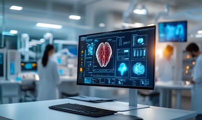 Naklejka premium Modern computer monitor displaying brain scan analysis with medical data visualization in hospital laboratory setting with blurred medical staff background.