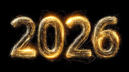Glowing golden numbers 2026 created with light painting effect against black background, sparkling with magical energy trails and luminous particles.