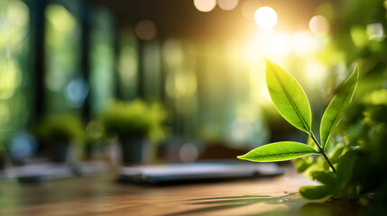 Fresh green leaves in bright meeting room, symbolizing sustainability and growth